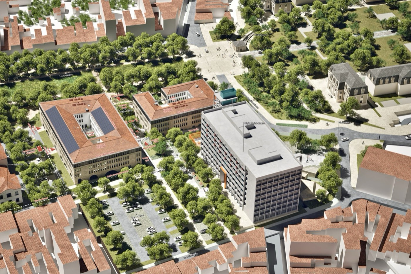 Vue aérienne du campus dans son quartier